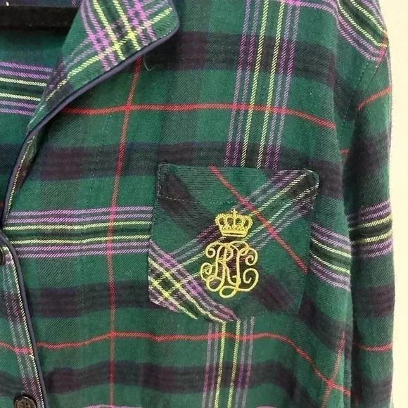 Ralph Lauren black label tartan plaid green pajama top cotton blend petite L - Picture 4 of 8